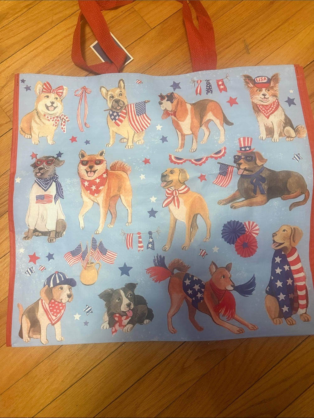 Marshalls Reusable Dog Patriotic theme Tote Bag in Light Blue with Red Handles